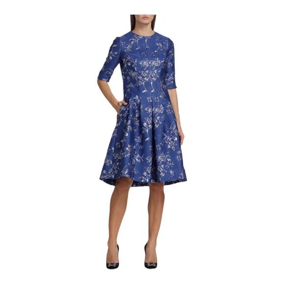 Teri Jon Blue Jacquard Floral Print Box Pleat Dress Size 2 NWT - Picture 2 of 11